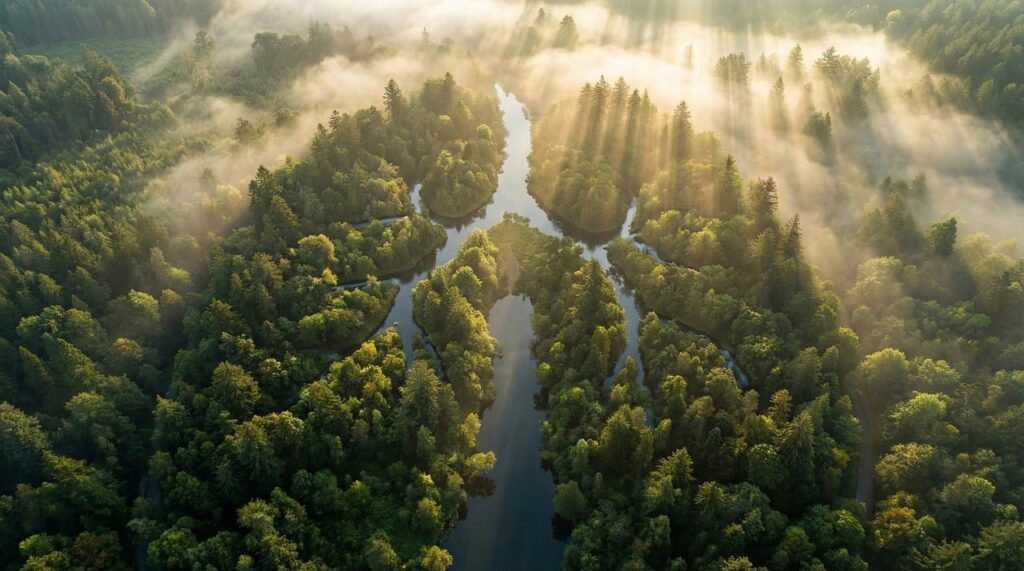 aerial view, forest, lungs, river, trees, nature, ecology, environment, earth, breathing, conservation, green, landscape, fog, mist, sunlight, woods, concept, preservation, ecosystem, oxygen, climate, majestic, ai generated